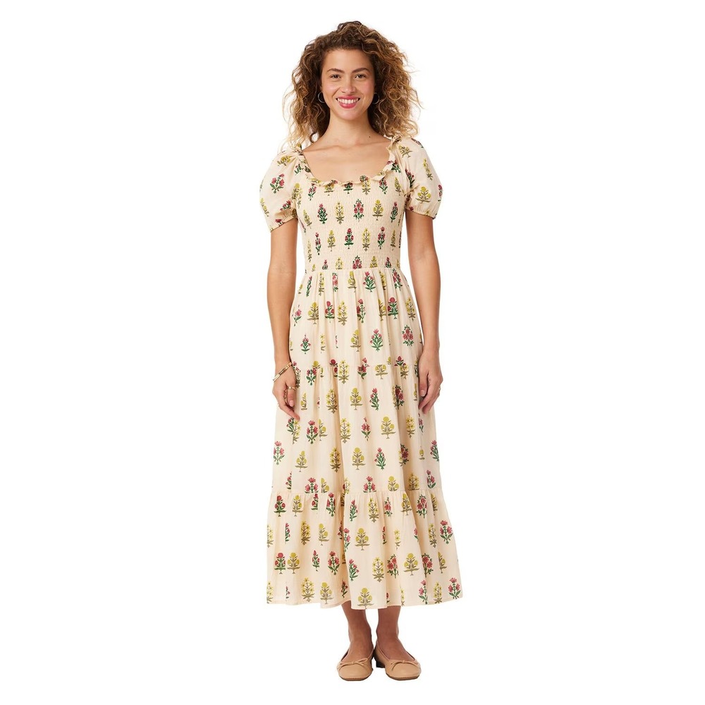 Bila Navara Cotton Maxi Dress Size S Vintage Floral Smocked Puff Sleeve Lined